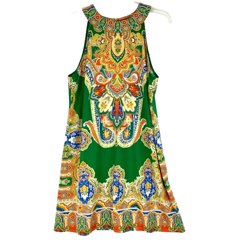 INC Rhinestone Dress Women's Large Green Yellow Paisley Halter Sleeveless Fine!